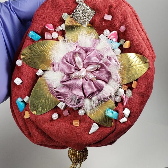 Red Coin Purse with Pink Satin Flower, Gems & Gold Leaf – Statement Mini Bag - Picture 5 of 13